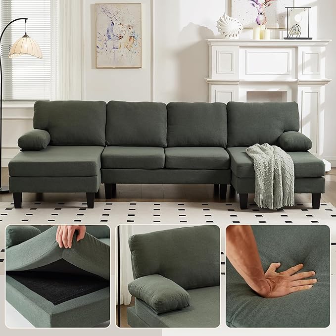 U Shaped Sectional Couches for Living Room 106.3 Modular Sofa with Double Chaises 4-Seater Sofa with Memory Foam Cushions Comfy Sectional Couches for Apartment Reception Room Green
