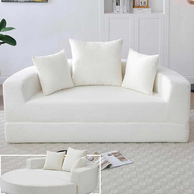 Beige Boneless Loveseat Couch - 67 Circular Convertible Sofa Bed No Assembly Corduroy Folding Floor Futon with Pillows for Small Spaces (Beige)