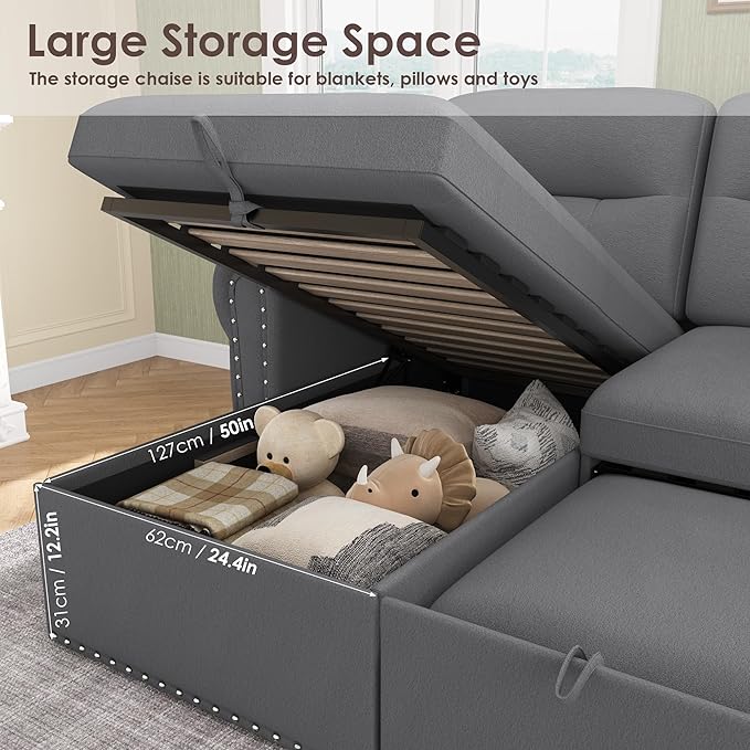 Sleeper Sofa Bed 87'' Sectional Couch with Reversible Storage Chaise &amp Nailhead Armrest Pull Out Couches for Living Room Side Pocket &amp Charging Station Removable Backrest Velvet Fabric D