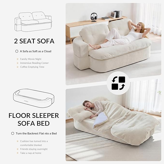 Kuahisoofa 78 Memory Foam Convertible Sofa Bed with Built-in Quilt Foldable Floor Couch Sleeper for Guests Room &amp Living Room Boneless Futon Cloud Sofa for Small Spaces White