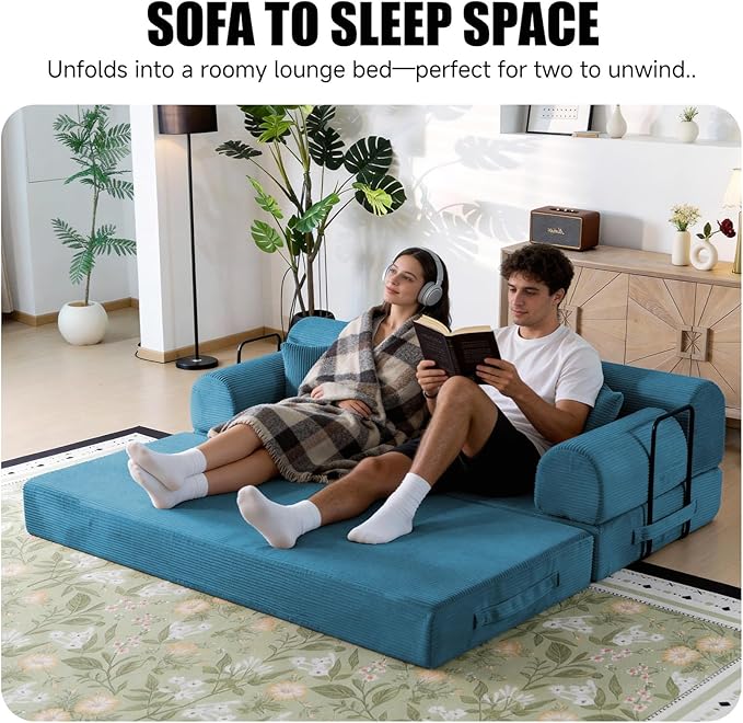78.8 Boneless Memory Foam Couch Corduroy Convertible Floor Sofa Bed Fold-Out Sleeper Futon Loveseat Wide Armrests &amp Supportive Back 1200 lb Couch in a Box 2 Pillows Light Blue