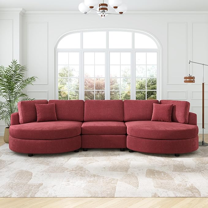 Merax 129 inches 3-Seater Curved Chenille Sofa Modern Upholstered Living Room Couch with Thick Cushions Includes 2 Throw Pillows Easy Assembly Red