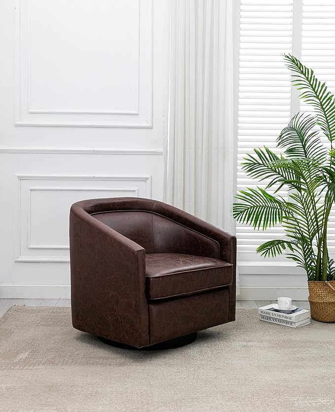 Wovenbyrd Classic Mid-Century Modern 360° Swivel Accent Chair Faux Leather Barrel Chair Dark Brown