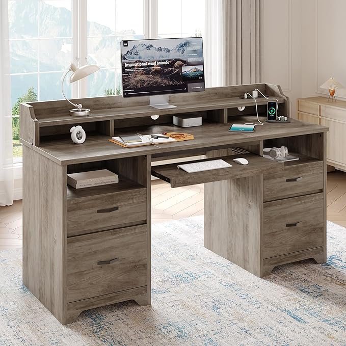 Bestier Farmhouse 59 Executive Desk with Drawers Wood Computer Desk with Charging Station Home Office Desk with Keyboard Tray &amp Monitor Stand Sturdy Pedestal Desk for Work Study Grey