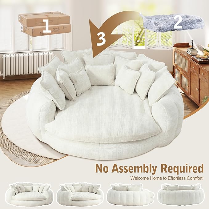 82'' Oversized Upholstered Sofa Bed Round Chaise Lounge Chair Indoor Modern Chenille Boneless Couch No Assembly Required Plush Sleeper Chair with 14 Pillows for Living Room Beige