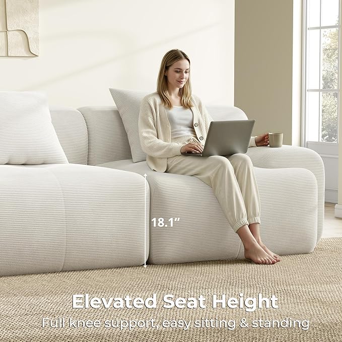 LIKIMIO 118 Modular Sectional Sofa with Ottoman L-Shaped Boneless Couch with Deep Seat for Living Room No Assembly Required Corduroy Upholstery Beige
