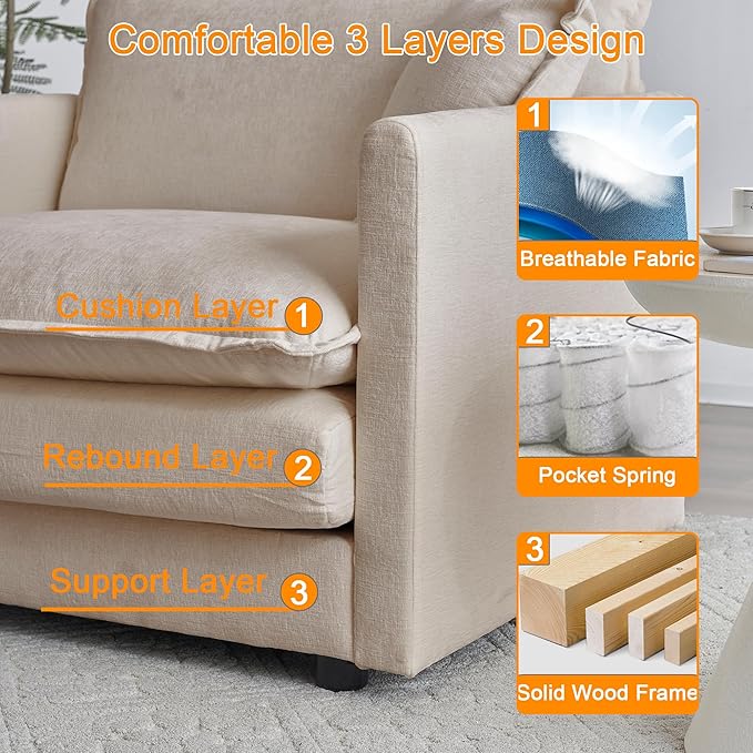 Modular Sectional Sofa 111.5 U Shaped Sectional Couch 5 Seater Comfy Cloud with Movable Ottoman for Living RoomBeige