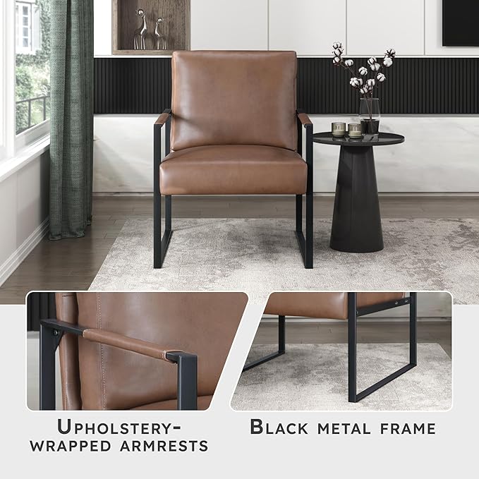 Lexicon Modern Accent Chair Faux Leather Upholstered Living Room Chair with Wrapped Armrests Arm Chair with Black Metal Frame Comfy Single Chair for Living Room/Bedroom/Reading Room/Office Brown
