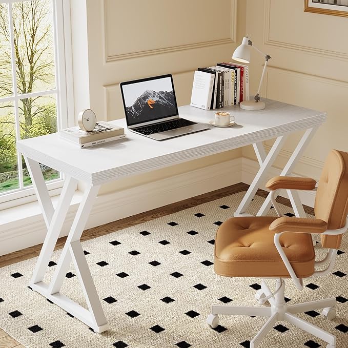 LITTLE TREE 55 Inch Large Simple Industrial Computer Desk Study Writing Table Home Office WorkstationWhite