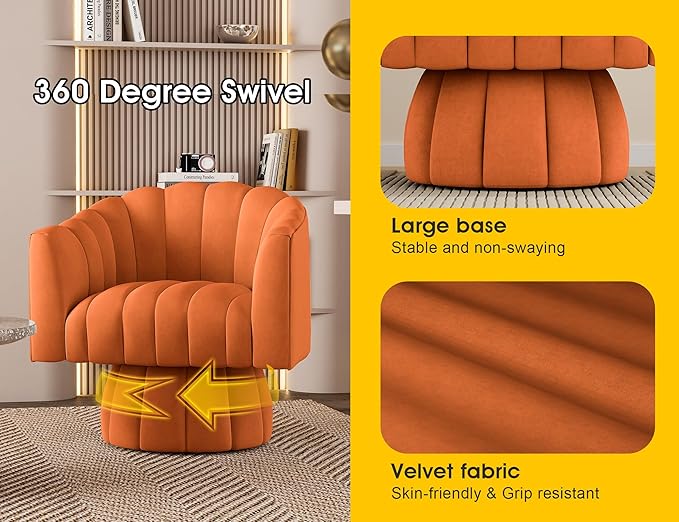 Accent Chair Mid Century 360 Degree Swivel ChairModern Lounge Sofa Round Barrel Chair with Wide UpholsteredFluffy Velvet Fabric Chairs for Home Sofa Living Room/Bedroom/Waiting Room (Orange)