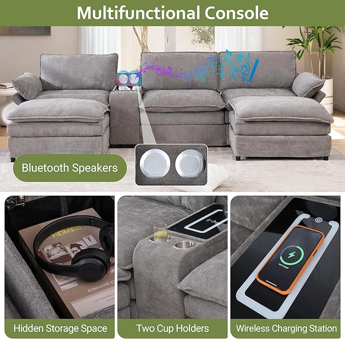 124 Cloud Couch Sectional Modular U Shaped Couch with Movable Ottomans Modern Deep Seat Sofas for Living Room Comfy Chenille Sectionals with Central Console &amp Bluetooth Speakers (Grey)