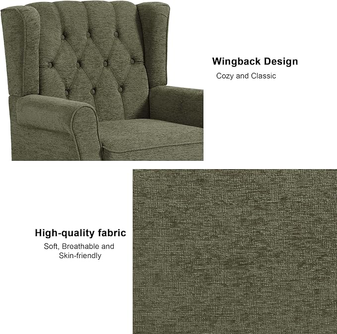 Accent Chair Upholstered Armchair with Button Tufted High Back &amp Solid Wood Legs Comfy Wingback Reading Single Sofa Chair for Small Spaces Living Room Bedroom (Green Set of 1)