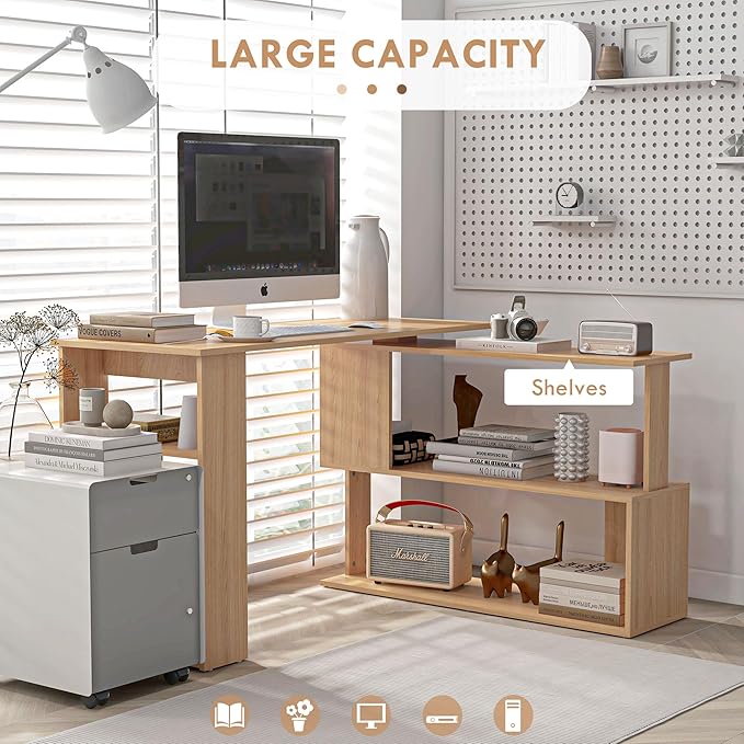 L Shaped Corner Desk 360 Degree Rotating Home Office Desk with Storage Shelves Writing Table Workstation Maple