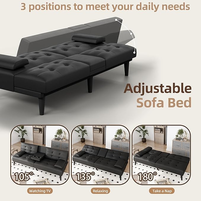 JAMFLY Futon Sofa Bed 64 Small Futon Couch with Adjustable Backrest 3-Angle Recliner Detachable Armrests with Cup Holders for Small Spaces Living Room Apartment Study Room (Black Leather)