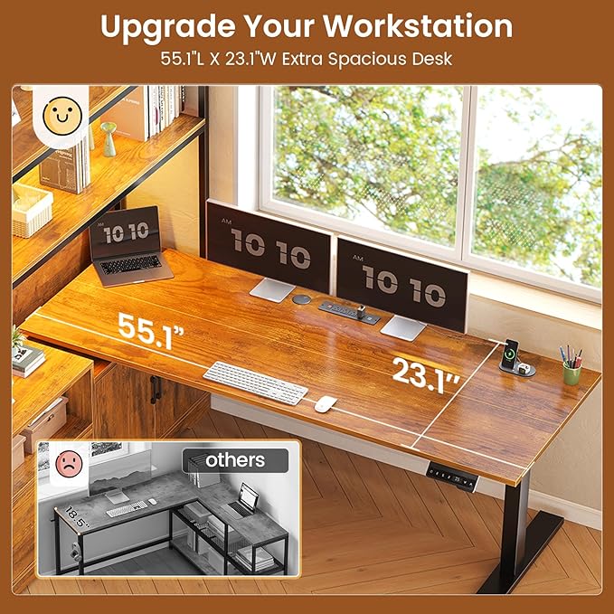 SEDETA 56.7 L Shaped Standing Desk Reversible Computer Office Desk with Drawers &amp Hutch Stand Up Corner Gaming Desks with LED Lights &amp Power Outlets for Home Office Rustic Brown