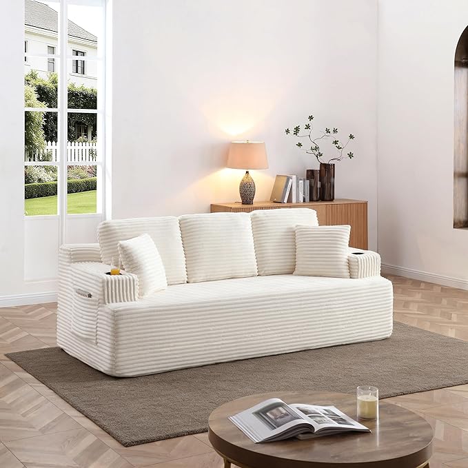 Eafurn Floor Loveseat Boneless Sofa Couch in a Box with Cup Holder and Side Pockets 3 Seater Comfy Corduroy Upholstered Foam Couch with Deep Seating for Living RoomNo Assembly | Breathable material