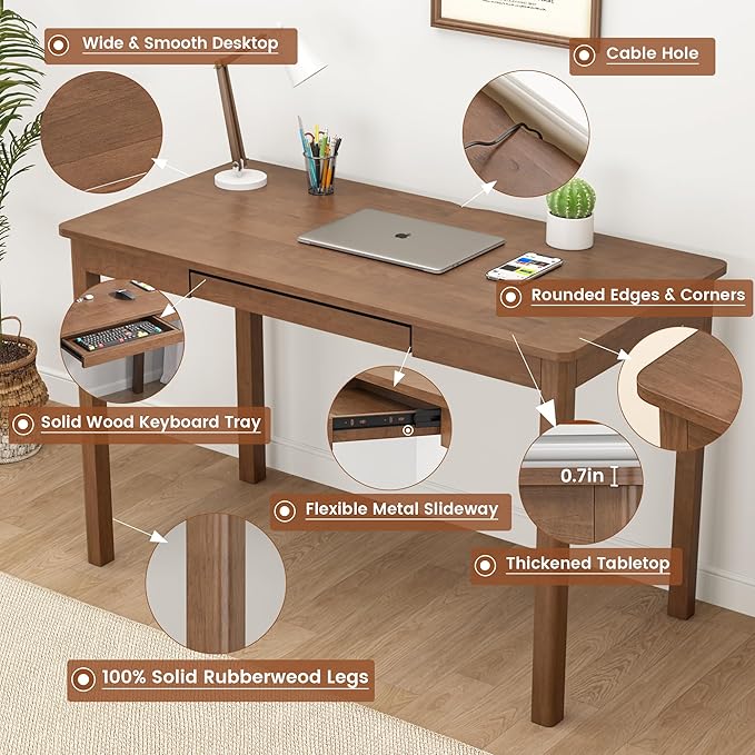 Solid Wood Desk with Keyboard Tray - 48 Inch Mid Century Modern Writing Desk Computer Desks with Keyboard Tray Simple Study Table Home Office Desks for Bedroom|Small Spaces-Walnut Color