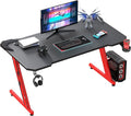 Greesum 44 Inch Z Shaped Computer Gaming Desk Home Office Table with Carbon Fiber Surface Cup Holder &amp Headphone Hook Red (GS-ZGD1RD)