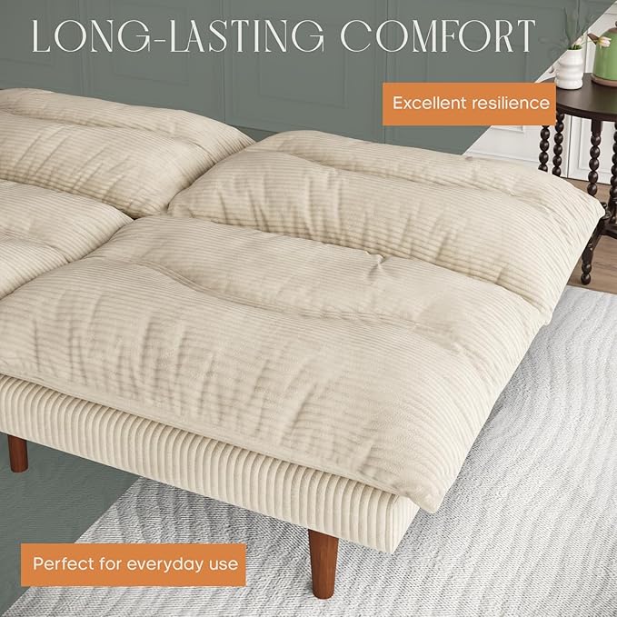 LLappuil Futon Sofa Bed 69 inch Futon Couch with Adjustable Backrest Corduroy Convertible Sleeper Sofa Bed Folding Sleeper Recliner Loveseat for Apartment Living Room Office (Beige)