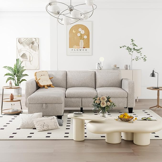 ZeeFu Convertible Sectional Sofa Couch 3 Seat L-Shaped Sofa with Movable Ottoman Modern Mocha Brown Velvet Linen Upholstered Small Sectional Sofa Couch for Small Space Apartment Living Room Office