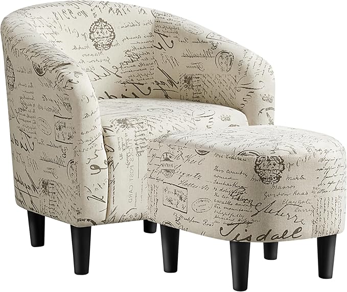 Yaheetech Modren Club Chair with Ottoman Fabric Accent Armchair with Footstool Upholstered Barrel Chair and Footrest for Living Room Bedroom Guestroom Letter Print
