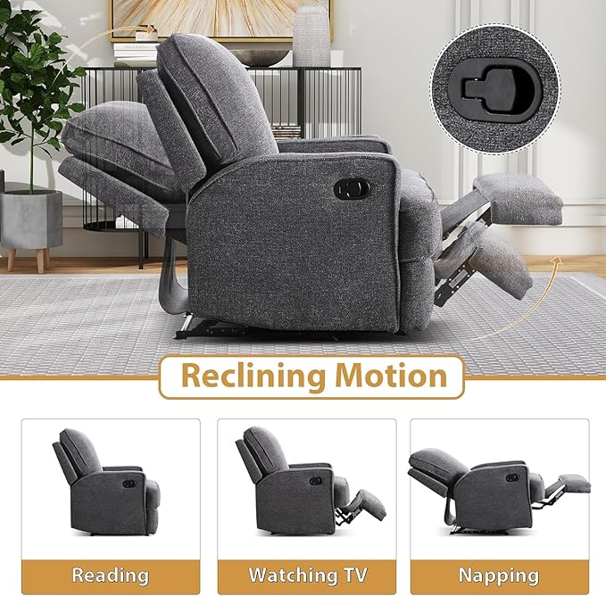 Classic Manual Recliner Chair for Adults Soft Fabric Overstuffed Single Reclining Sofa Chair with Padded Backrest Heavy Duty Recliners for Living Room BedroomGrey