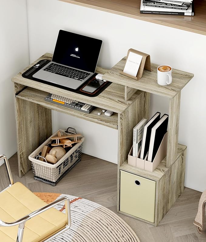 Small Computer Desk with Drawer Writing Desk with Storage Shelves for Home Office Bedroom Oak/Ivory