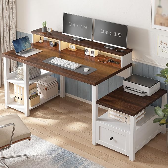 EnHomee 60.4 Computer Desk with Drawer &amp Power Outlet Gaming Desk with LED Light Farmhouse Desk Study Desk with Monitor Stand Home Office Desk Work Desk for Bedroom Study Room White