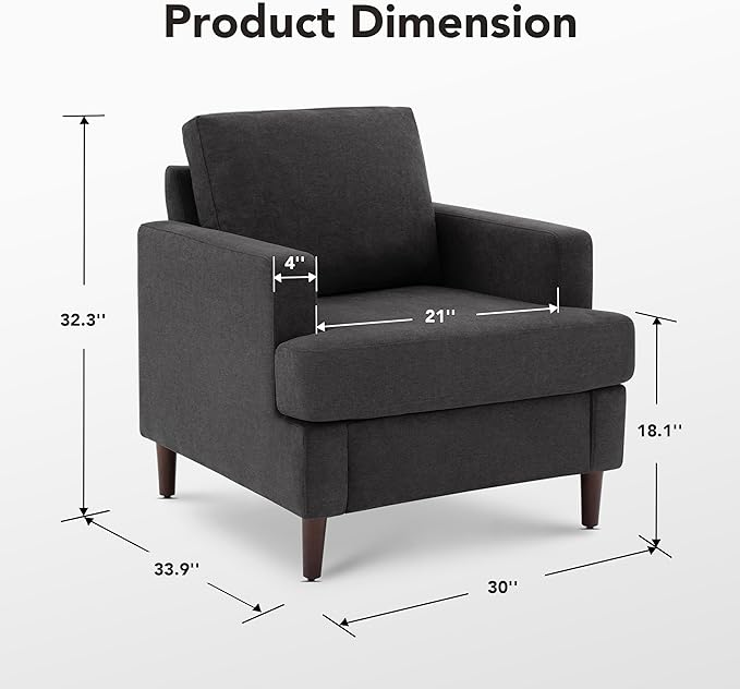 Mid-Century Accent ChairModern Linen Fabric Armchair for Living RoomComfy Upholstered Reading Accent Chairs for BedroomSingle Sofa Chair with Wood Legs (Dark Grey 1 Pack)