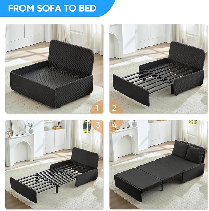 PUREMIND 3-in-1 Twin Size Pull Out Sofa Bed Convertible Corduroy Couch with Pillows and 3.9 Memory Foam Mattress Loveseat Sofa-Bed for Living Room Apartment (Dark Grey)