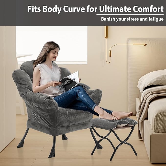 Lazy Chair with Folding Ottoman Accent Chair Plush Upholstered with Metal Structure and Non-Slip Pads Sofa Armchair with Footrest and Side Storage Bag for Dorm Room Office Dark Gray