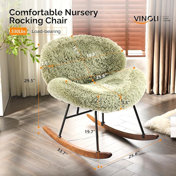VINGLI 25.6 Extra Wide Nursery 115° Armless Rocking Chair Curved Cute Cross-Legged Glider Chair with Pillow &amp Solid Wood Nursing Chair for Bedroom Living Room Fluffy Fleece Grass Green