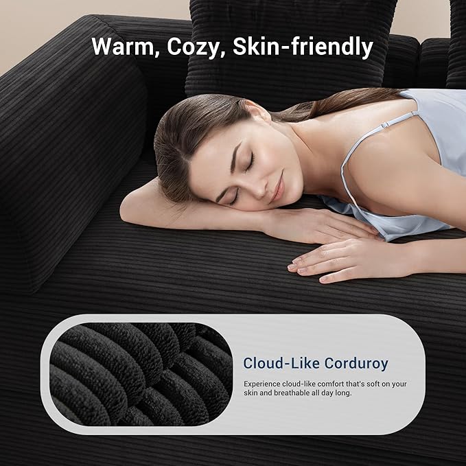 Cloud Boneless Convertible Sofa Bed 4-in-1 Foldable Compressed High-Density Sponge Sofa 70 Corduroy Fabric 3 Seater Sleeper Couch Futon Daybed for Living Room Bedroom (Black)