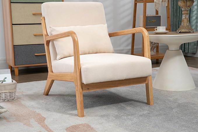 LKTART Mid Century Modern Chair with Waist Cushion Accent Chairs with Solid Wood Frame Upholstered Reading Armchair Fabric Comfy Single Sofa for Living Room Bedroom Apartment