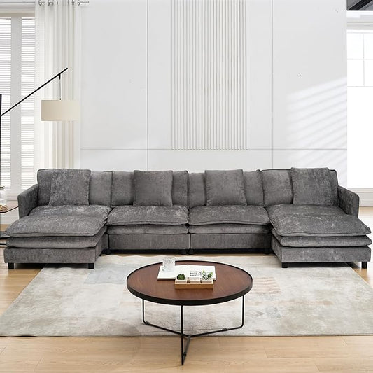 108’’ Modular Sectional Sofa with Sleeper Comfy Cloud Couch L Shaped Chenille Couch with Thick Cushions &amp Movable Ottoman for Living Room Bedroom (Grey 143.31- U Shape Sofa)
