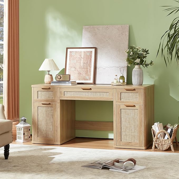 LEYAOYAO Office Desk 56 with 5 Drawers Storage File Cabinet Rattan Wood Desk for Computer Office Bedroom Home Furniture Natural