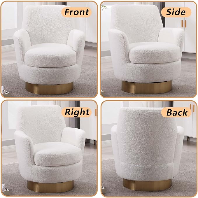 Teddy Swivel Accent Chairs for Living RoomComfy Swivel Barrel Chair with Foam Cushion Round Swivel Chair &amp Boucle Swivel Chair with High Back Round Armrest Gold Base (White)