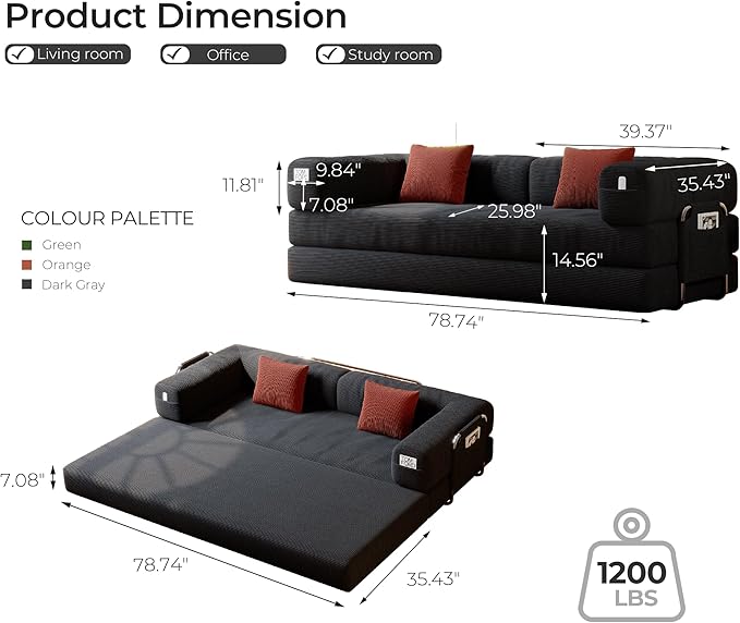 5-in-1 Folding Convertible Sofa Bed Loveseat Sleeper with Pull-Out Bed Floor Sofa Modular Futon Couch 79 Oversized Corduroy Upholstered Boneless Couch for Living Room Bedroom Lounge Grey-A