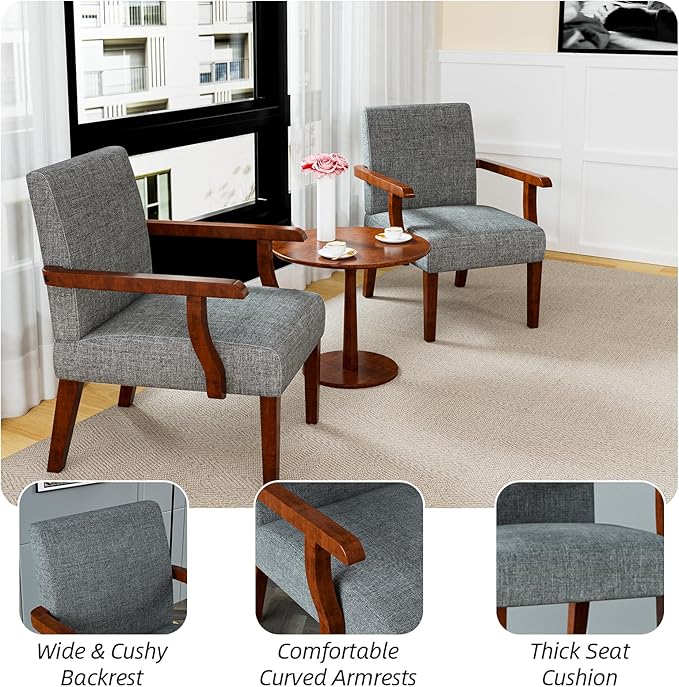 Accent Chairs Set of 2 with Side Table Modern Accent Armchair with Fabric Upholstered and Solid Wood Armrest Reading Leisure Arm Chair for Living Room Bedroom Waiting Room (Grey)