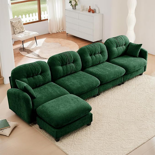 140 L Shaped CouchModular Sectional Sofa 4-Seater Comfy Cloud Couch with Movable Ottoman Chenille Deep Seat for Living Room Office (Green)