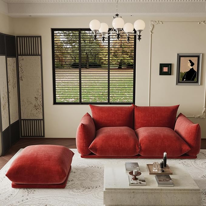 Ottoman Chenille Sofa Mid Century Modern Couches for Living Room (26.77 in/Red/Only Ottoman)