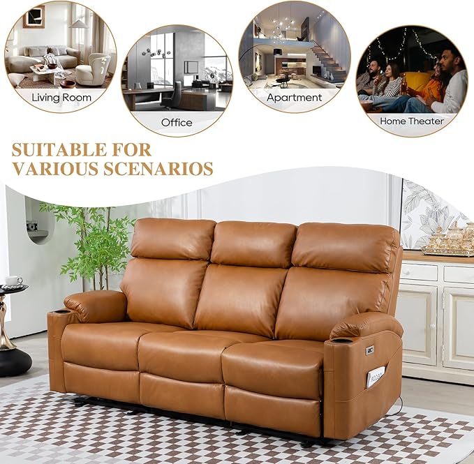 Power Reclining Sofa - 3 Seater Recliner Sofás PU Leather Sofa Home Theater Seating with Flipped Middle Backrest Power Recliner Couch for Living Room(Brown)