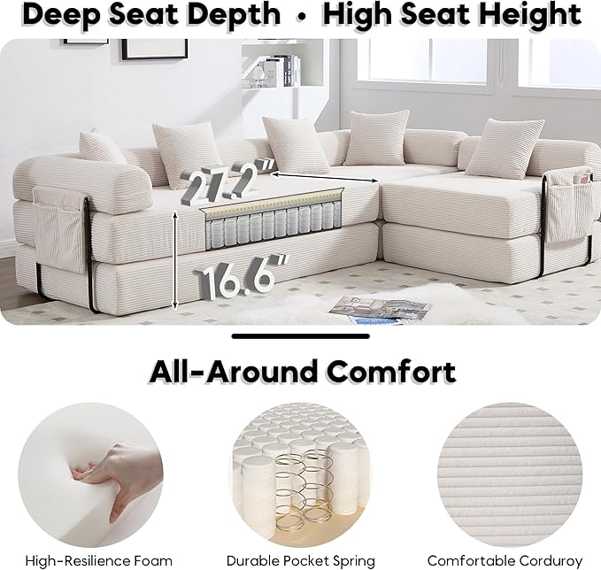 L Shape Convertible Sofa Bed with Cylindrical Pillow and Storage Pocket Convertible Sofa Couch Bed with Support Frame for Living Room Bedroom Children Room-Beige