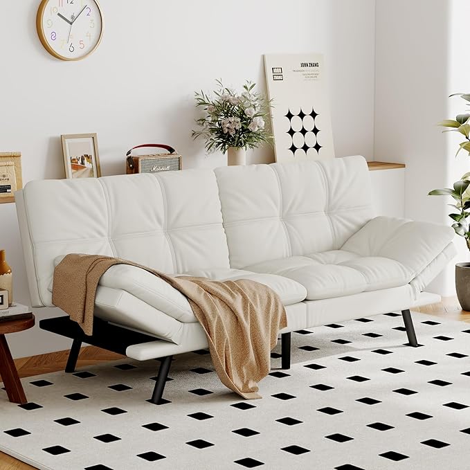 Opoiar Convertible Futon Sofa Bed White Faux Leather Futon Couch with Adjustable Backrest &amp Armrests Folding Small Recliner Sleeper Sofa Bed for Living Room Apartment Office