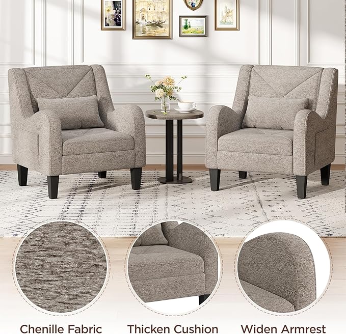 Maupvit Chenille Accent Chair for Living Room Bedroom Chair Comfy Reading Chair Upholstered Arm Chair Single Sofa Chair with Lumbar Pillow Mid Century Modern Chair for Small Spaces Grey