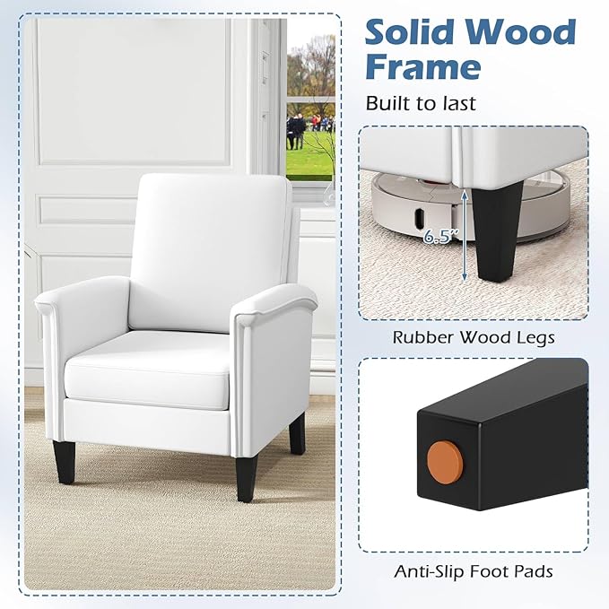 GOFLAME Modern Accent Chair Comfy Upholstered Armchair with Rubber Wood Legs and Thick Padded Cushion High Back Single Sofa Chair Reading Side Chair for Living Room Bedroom White