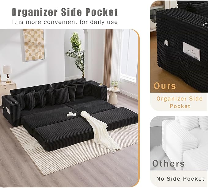Oversized L-Shaped Modular Sectional Sofa Couch with 8 Pillows Convertible Corduroy Sleeper Sofa Bed with Cupholders &amp Storage Pockets Cloud Couch with Movable Ottoman for Living Room Black