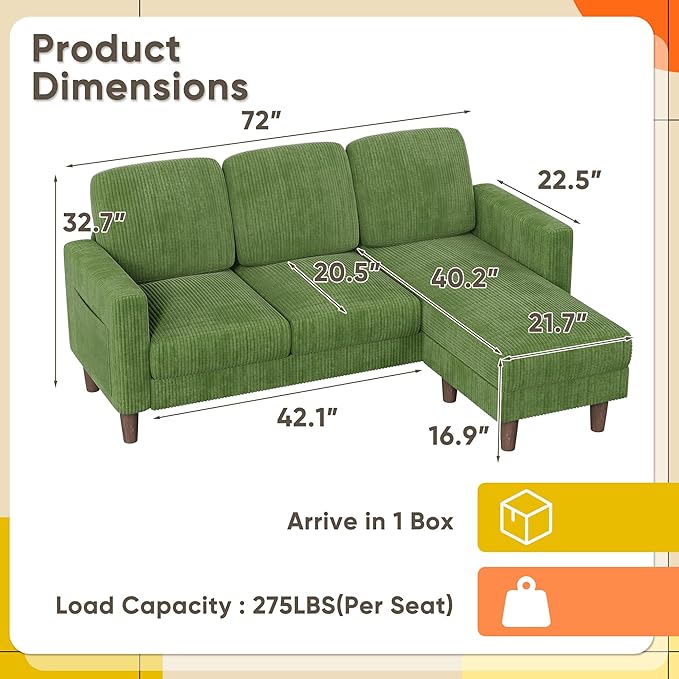 YESHOMY Couches for Living Room Sofa with Movable Ottoman Small Couch with Reversible Chaise and Side Pockets L Shaped Couch for Small Space Apartment (Corduroy Green)