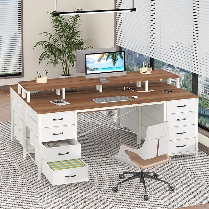 60 Inch Computer Desk with 8 Fabric Drawers Gaming Desk with LED Lights &amp Power Outlets Home Office Desk with Monitor Stand Brown and White