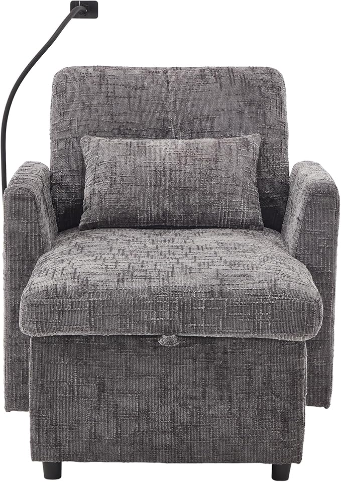 32 Comfy Chaise Lounge Sofa Bed Chair with Storage Side Pockets Phone Holder &amp 2 Pillows Modern Chenille Upholstered Sleeper Sofa Leisure Chair for Living Room Bedroom Small Spaces (Grey)